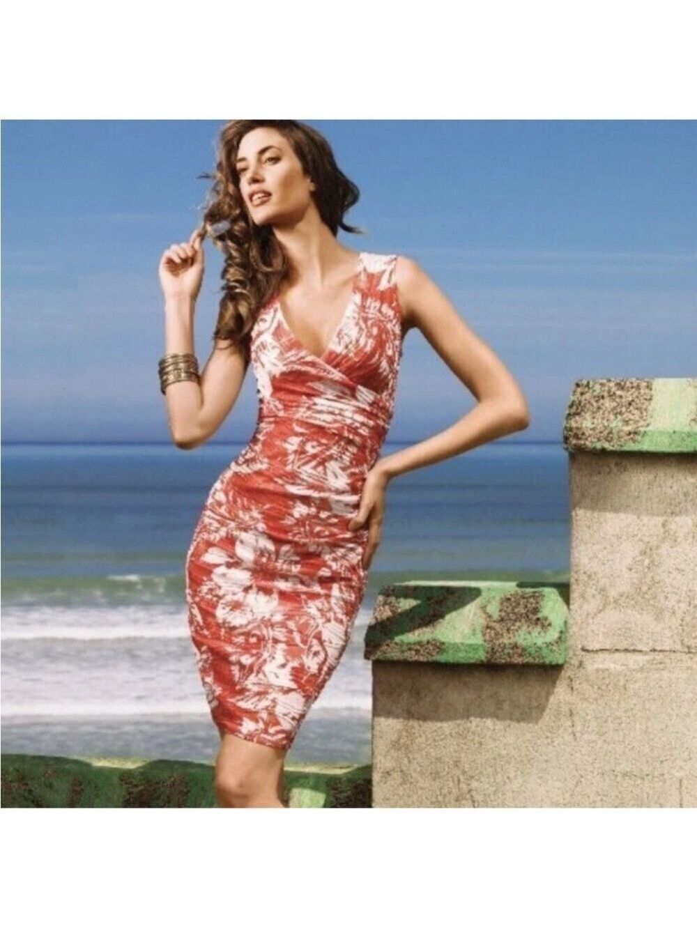 Joseph Ribkoff Ruched Dress Coral Red/White Floral Stretchy Lined Sz 12